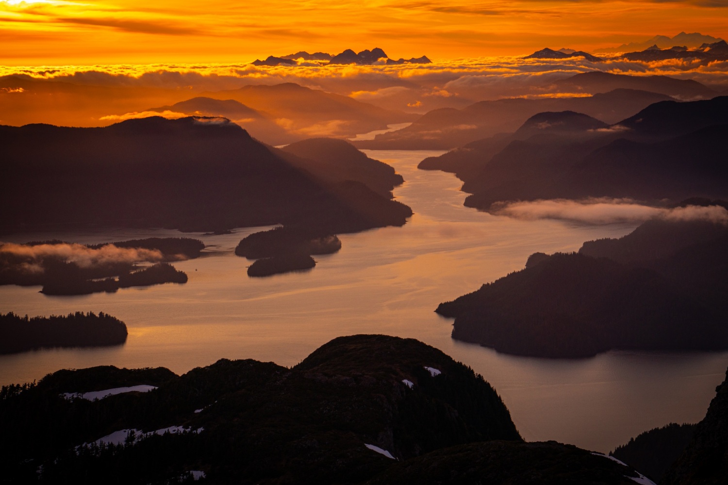 Harbor Mountain, looking out into the Inside Passage at sunset.