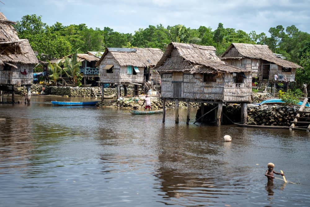 Traditional style wood houses above water.