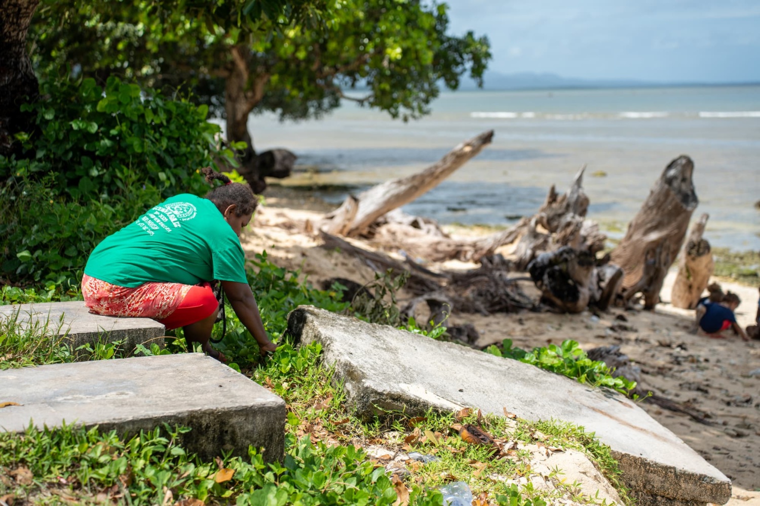 Woman cleaning vegetation in cemetery.